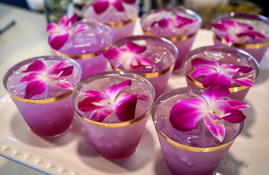 Lychee blossom mocktails are set out for guests during the grand opening event for Satay Thai Kitchen and Bar in north Fresno on Thursday, May 8, 2025.