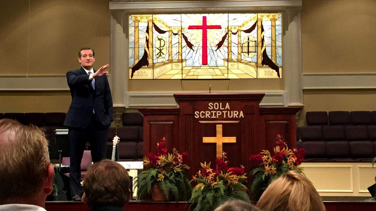 Sen. Ted Cruz of Texas shares his testimony and thoughts with the congregation at Community Bible Church in Beaufort, South Carolina in this file photo from 2016. Cruz is one of the leading evangelical conservatives in the U.S. Senate.