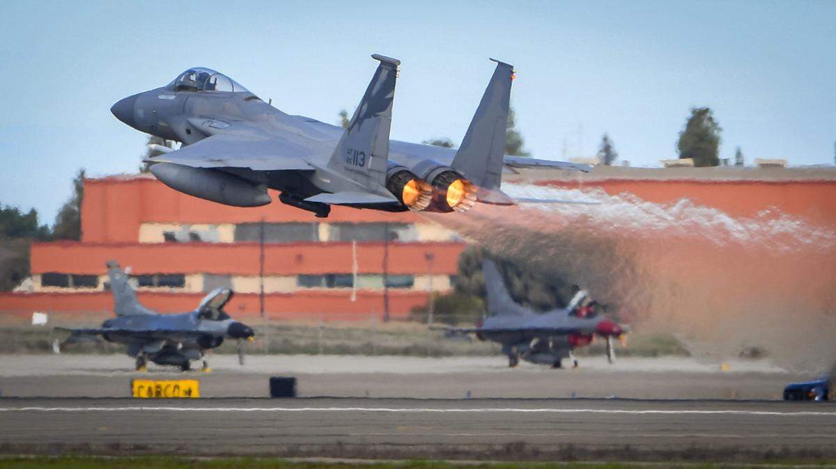 An F-15C from Fresno’s 144th Fighter Wing takes off from Fresno Yosemite International Airport during the Valley Thunder training exercises in January 2021.