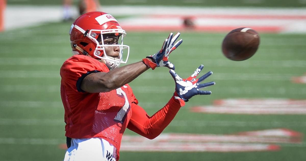 Fresno State wide receiver Derrion Grim catches a pass during the final spring practice of 2019 at Bulldog Stadium on Saturday, April 13, 2019.