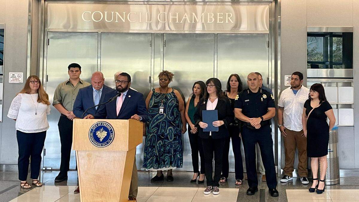 Fresno City Council President Nelson Esparza announces the expansion of the Fresno Police & Neighborhood Watch program during a news conference at Fresno City Hall on Wednesday, Aug. 31, 2022.