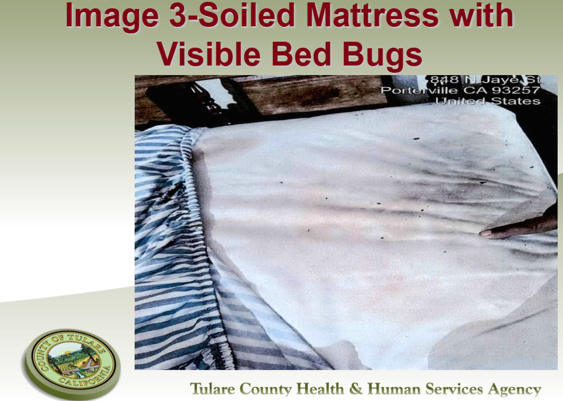 La Agencia de Salud y Servicios Humanos del Condado de Tulare compartió una foto de un colchón sucio con chinches en la instalación Autumn Oaks de Porterville.