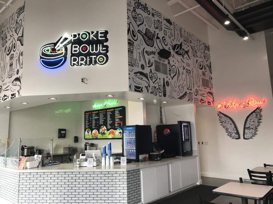 The Poke Bowl-Rrito restaurant at Sierra Vista Mall is exactly what its name implies: Part poke place, part burrito shop. The wings with the neon sign reading “I like it raw” are designed for selfies and photos.