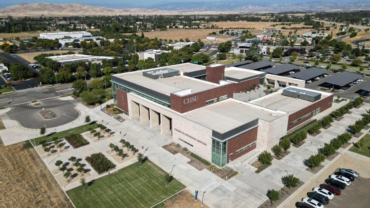 The California Health Sciences University College of Osteopathic Medicine building in Clovis’ Research and Technology Park is at center in the drone image made on Wednesday, Sept. 27, 2023.