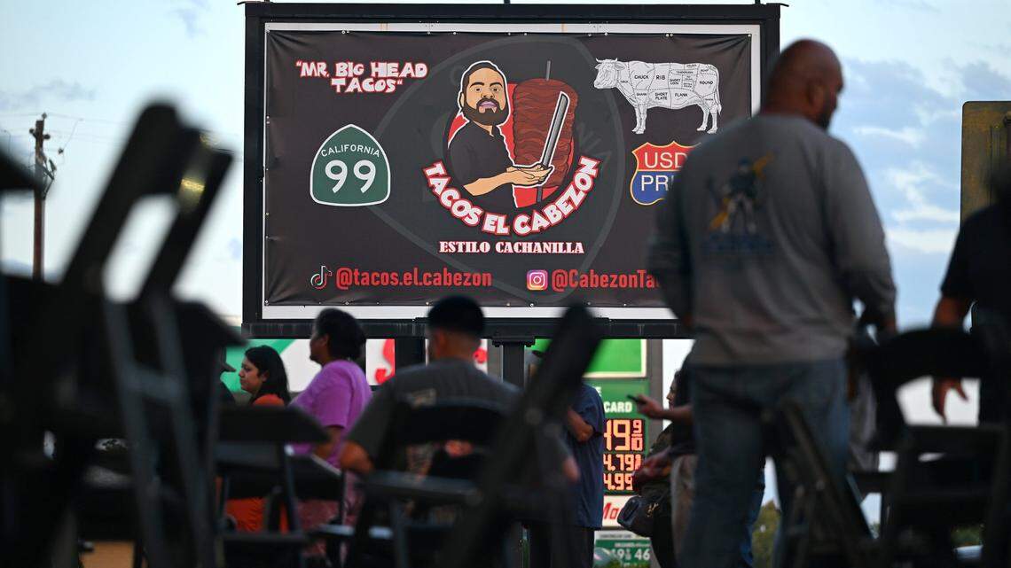 A large billboard-sized sign has been drawing crowds to Armando Arias Jr.'s new Tacos El Cabezon, a food truck parked at the corner of Shaw and Marks avenues which features his Mexicali style food. Photographed Wednesday, Sept. 24, 2025 in Fresno.