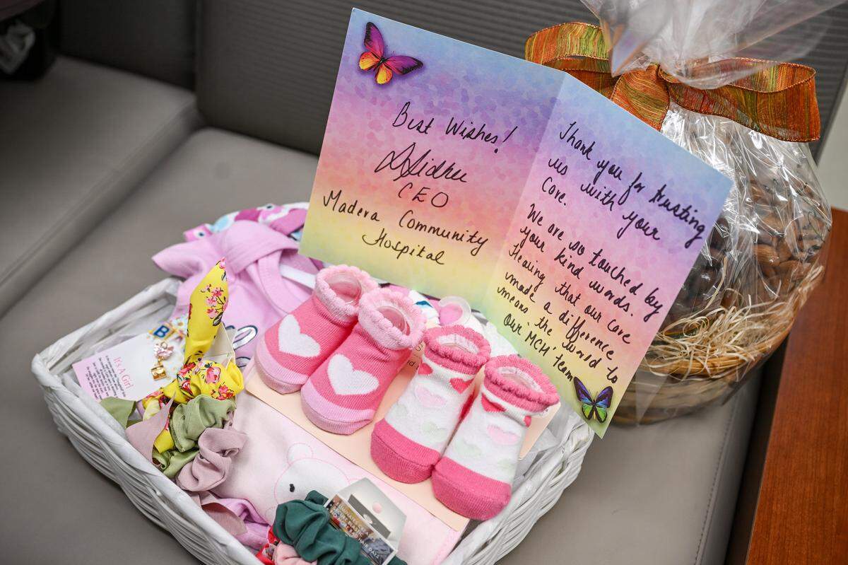Madera Community Hospital CEO Sony Sidhu presented a card and gift to Rebeca Cervantes and her husband Javier Bautista whose baby, Haven Bautista Cervantes, who was delivered at Madera Community Hospital on September 8, 2025.