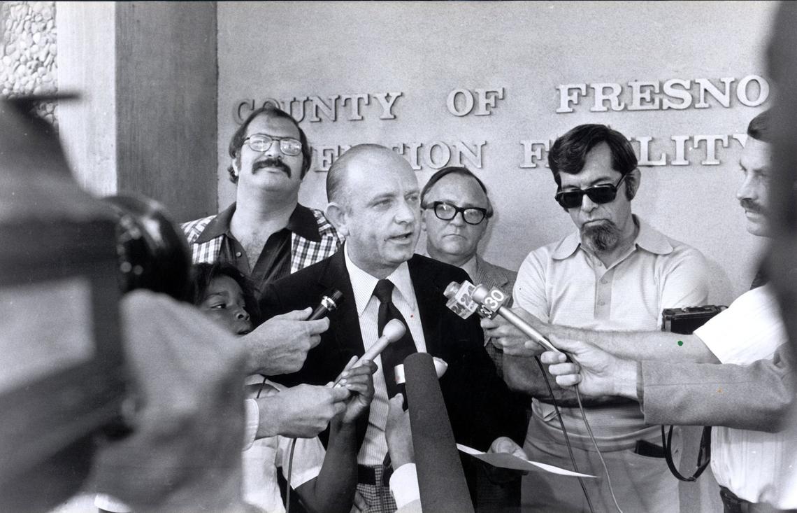 The Fresno Bee Four, from left, Joe Rosato Sr., George Gruner, William K. Patterson and James Bort Jr., on Sept. 3, 1976 outside Fresno County Jail.