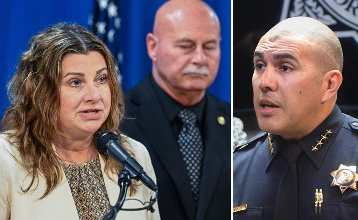 Fresno City Manager Georgeanne White, left, and Mayor Jerry Dyer discuss the resignation of Fresno Police Chief Paco Balderrama, right.