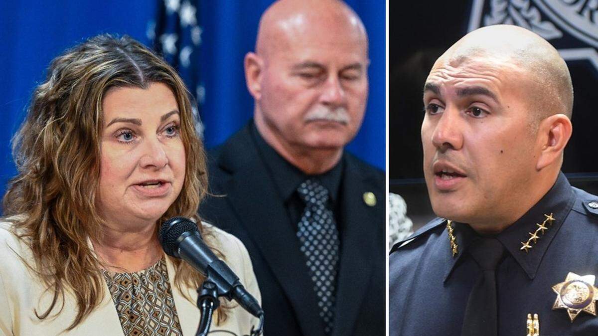 La administradora municipal de Fresno, Georgeanne White (izquierda), y el alcalde, Jerry Dyer, discuten la renuncia del jefe de Policía de Fresno, Paco Balderrama (derecha).