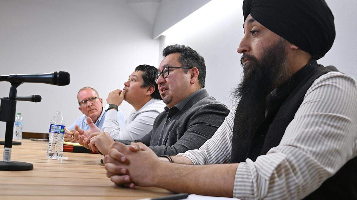 Dictrict 1 candidates left to right, Monte Forkas, Joe Hinojosa, Rob Fuentes and Deep Singh, seen during a Fresno City Council forum held by The Fresno Bee Friday, April 17, 2026 in downtown Fresno