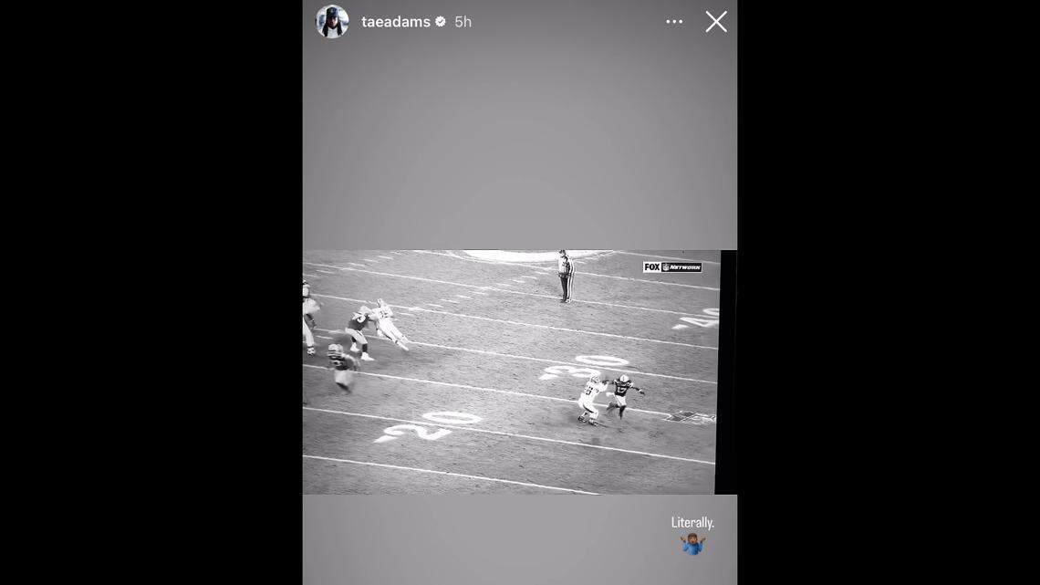 Davante Adams shows a video of him catching a pass from Aaron Rodgers when they played together with the Green Bay Packers.