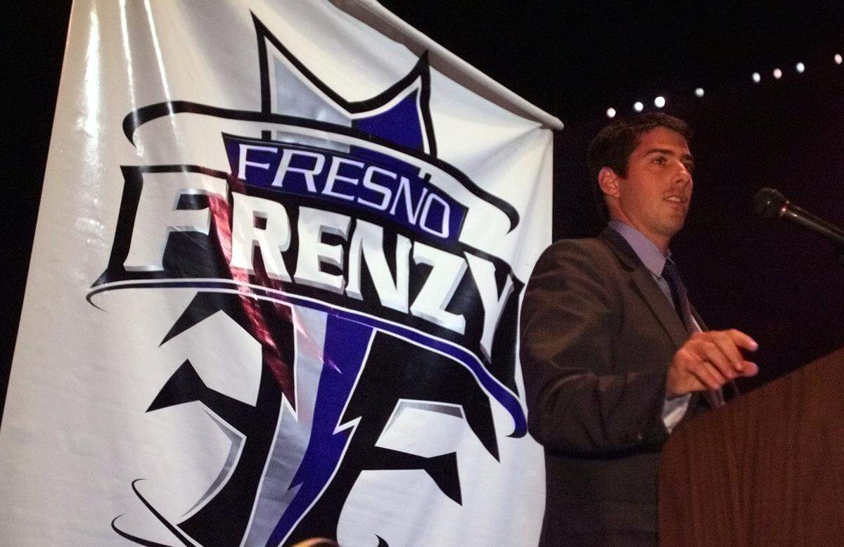 Casey Wasserman is seen in a file photo from October 2001 at Selland Arena announcing the naming of the Fresno Frenzy arena football team.
