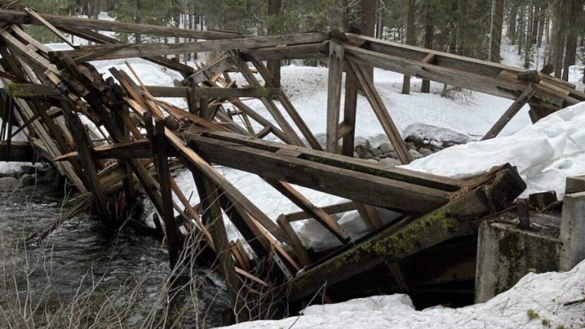 Dinkey Creek Bridge sits in a collapsed state in the Sierra National Forest outside Shaver Lake in an April 2023 photo circulated by the city of Fresno, which operates Camp Fresno in the immediate vicinity.