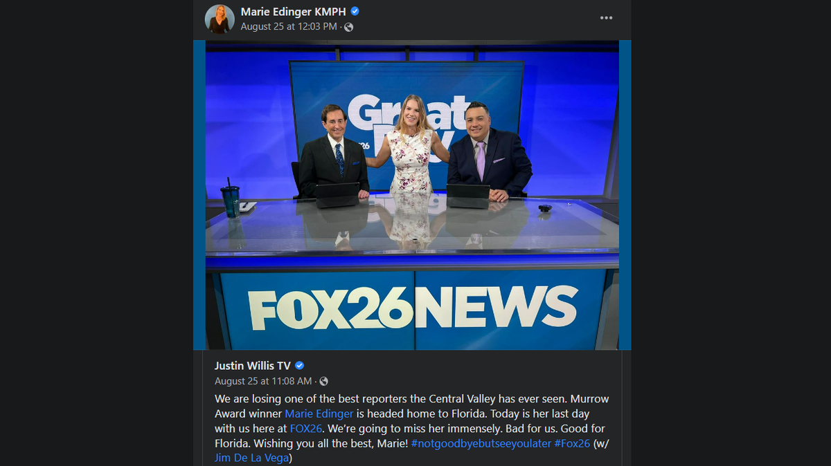 KMPH news reporter and anchor Marie Edinger has left the station to return home to Florida. Thursday was her last day.