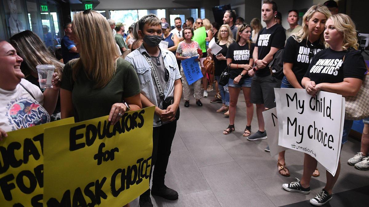 The lobby is filled as the Clovis Unified School Board meeting begins Wednesday night, July 21, 2021 in Clovis.