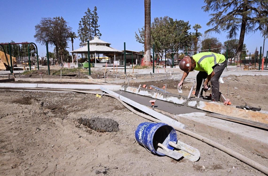 Concrete forms are being filled as construction continues at the new Adventist Health Amphitheater, which promises to offer 6,000 seats for music and food trucks and other events to central Tulare. Photographed Friday, Oct. 18, 2024.