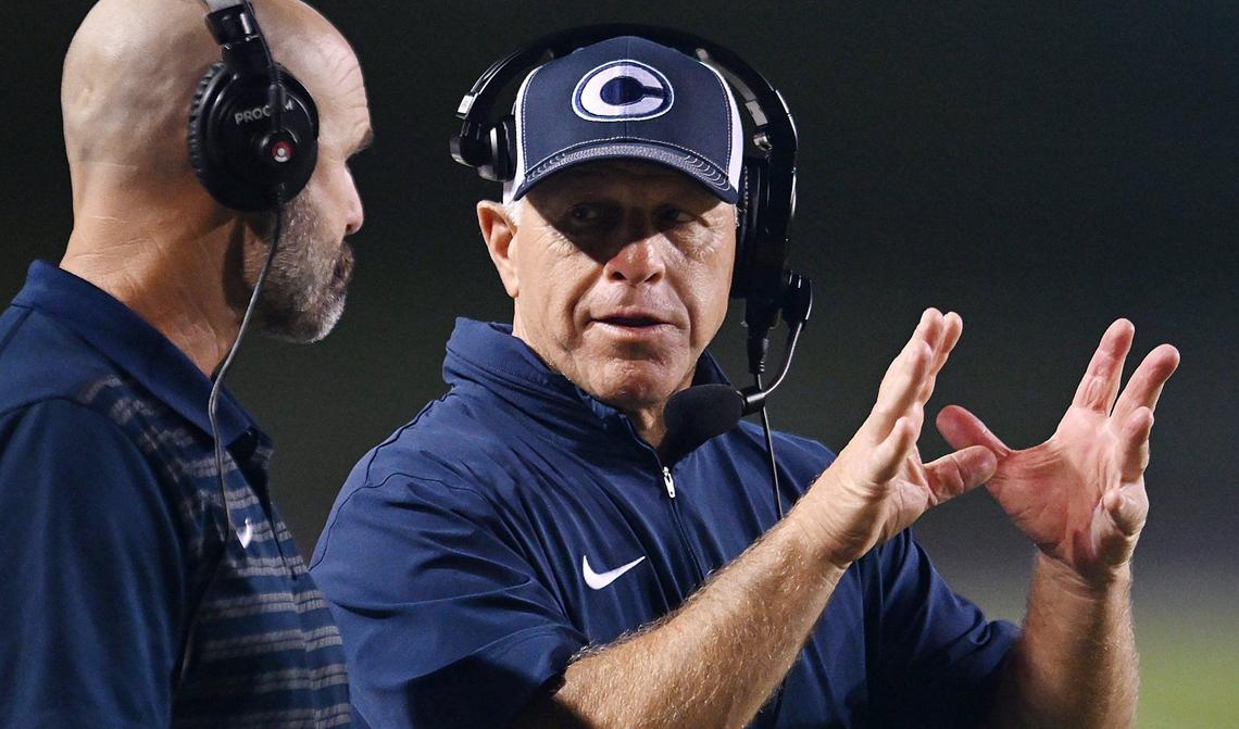 Central Valley Christian head coach Don Arax, right, seen along the sidelines in the game against Clovis North Friday, Sept. 13, 2024 in Clovis.
