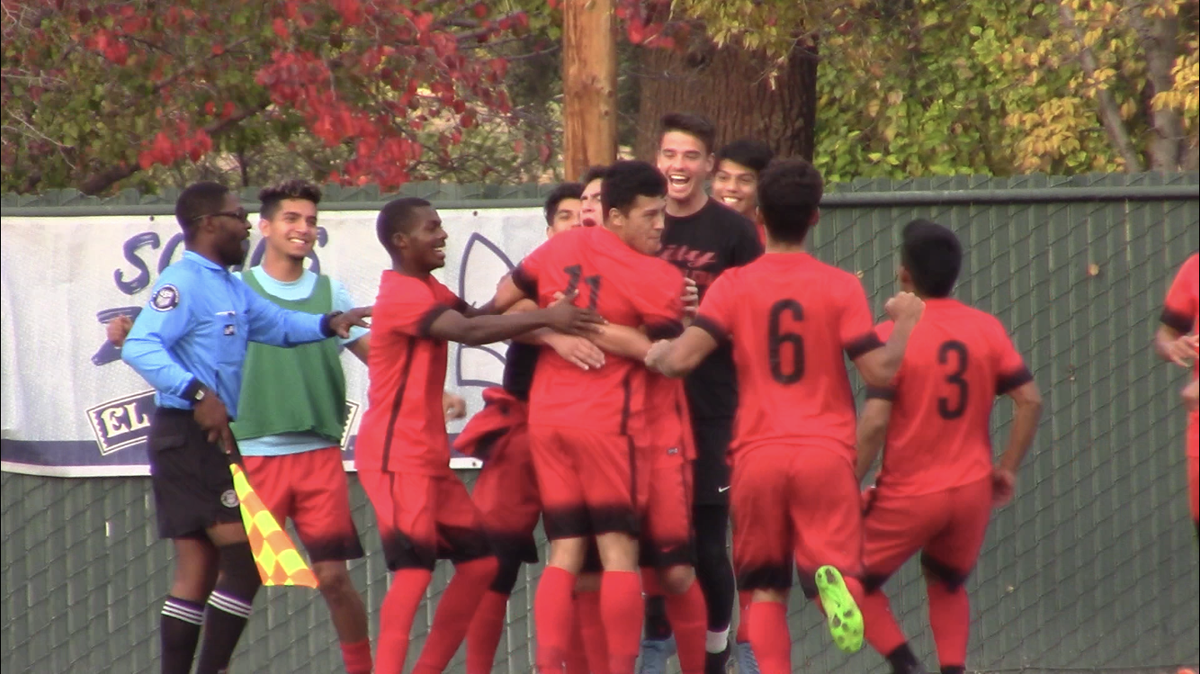 Fresno City College celebrates a goal by Chris Amaro as the Rams defeated Lake Tahoe 1-0 to advance to this weekend’s state final four at Cerritos College.
