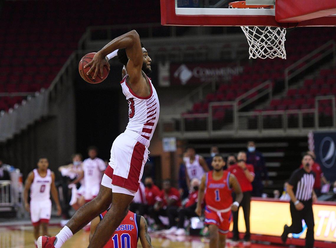 Fresno State guard Deon Stroud dunks in an 87-47 victory over NAIA William Jessup in the Bulldogs’ season opener Wednesday afternoon, Nov. 25, 2020 in Fresno.