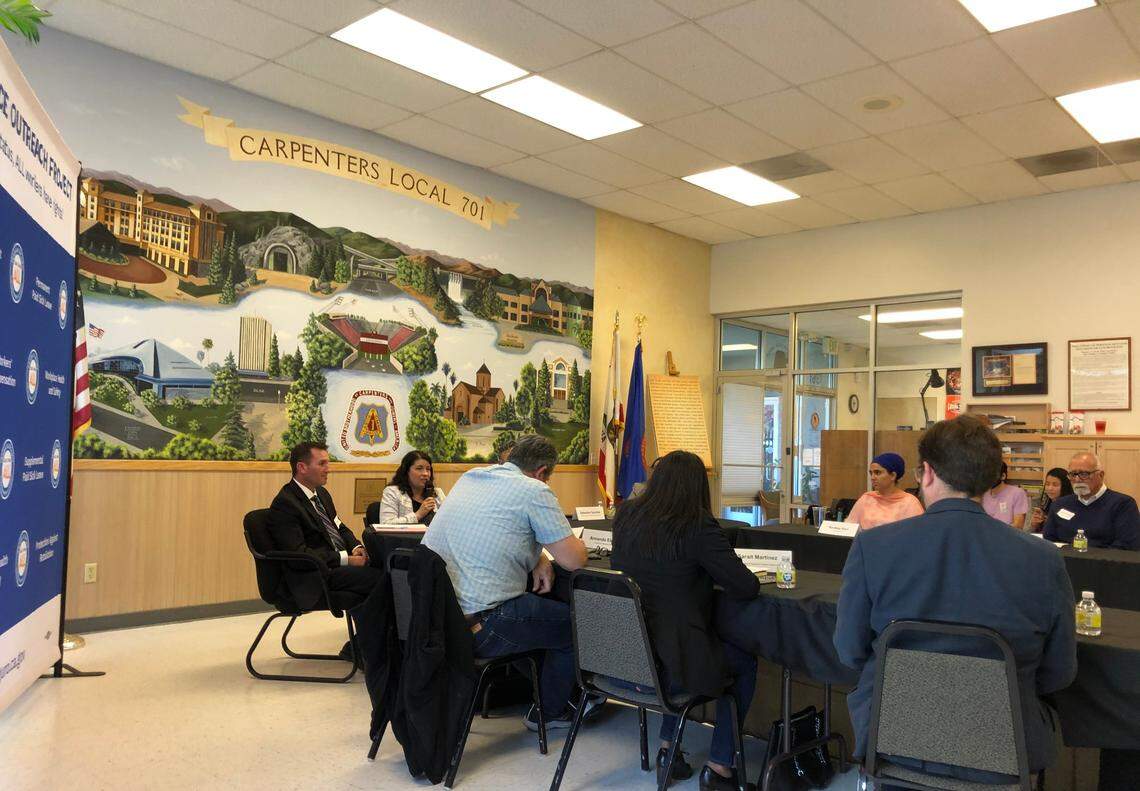 Victoria Hassid, chair of the Agriculture Labor Relations Board speaks during a round table with Central Valley labor organizations in Fresno, California
