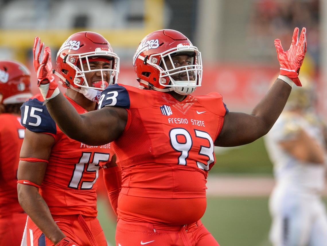Fresno State’s Jasad Haynes celebrates after getting a sack against Idaho in their game at Bulldog Stadium on Saturday, Sept. 1, 2018.