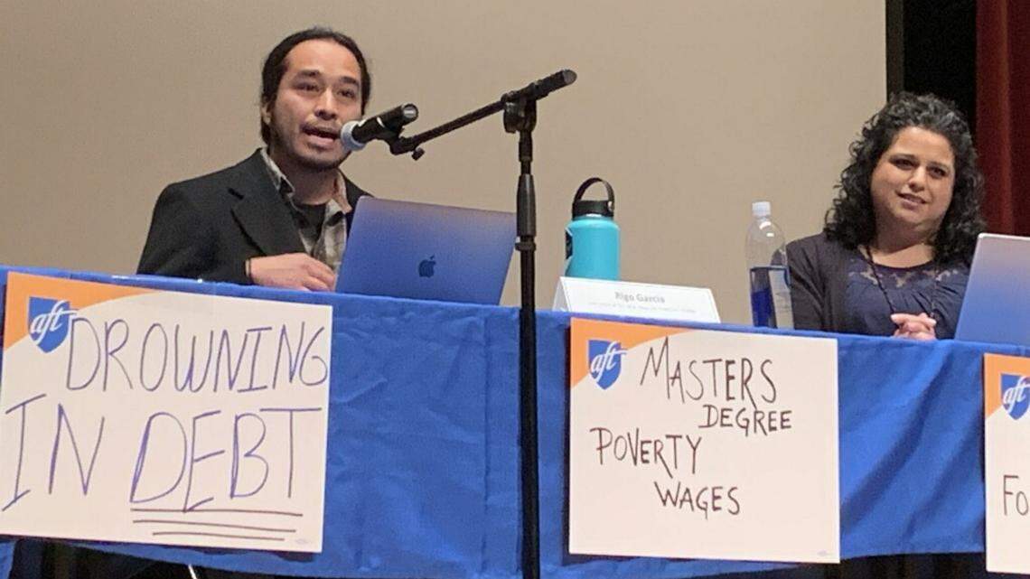 State Center Community College adjunct instructors Rigo Garcia and Bernadette Moordigian speak on a panel about the way adjuncts are paid during an event organized by the State Center Federation of Teachers at Fresno City College on Thursday, Oct. 28, 2021.