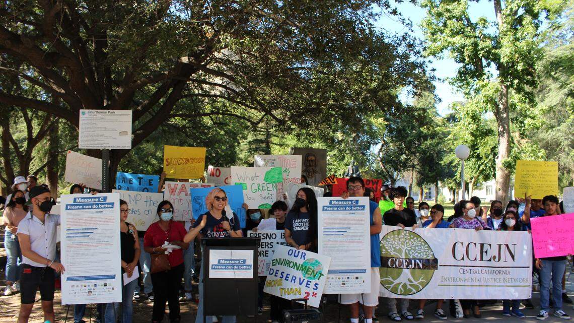 Grecia Elenas of Leadership Counsel for Justice and Accountability speaks at the Measure C youth rally on June 30, 2022