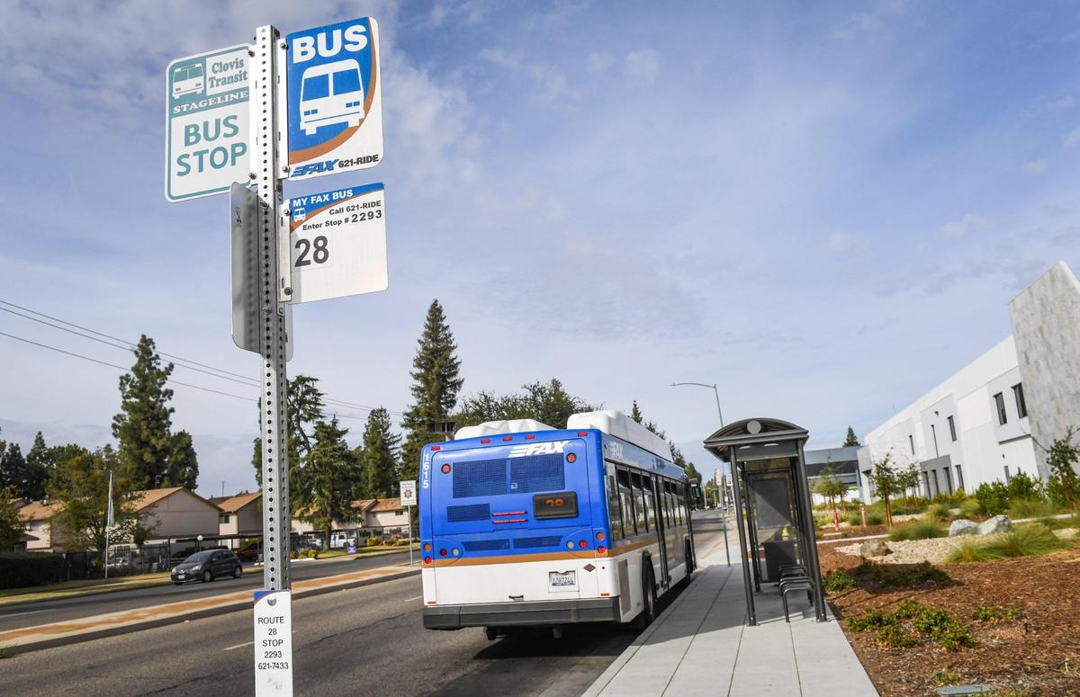 A FAX bus waits at a stop near the Department of Social Services facility in Clovis on Wednesday, Oct. 20, 2021.
