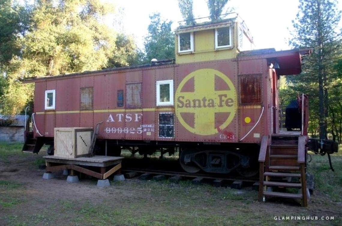 This vintage Santa Fe train caboose is a rental in Oakhurst, near the southern entrance to Yosemite National Park.