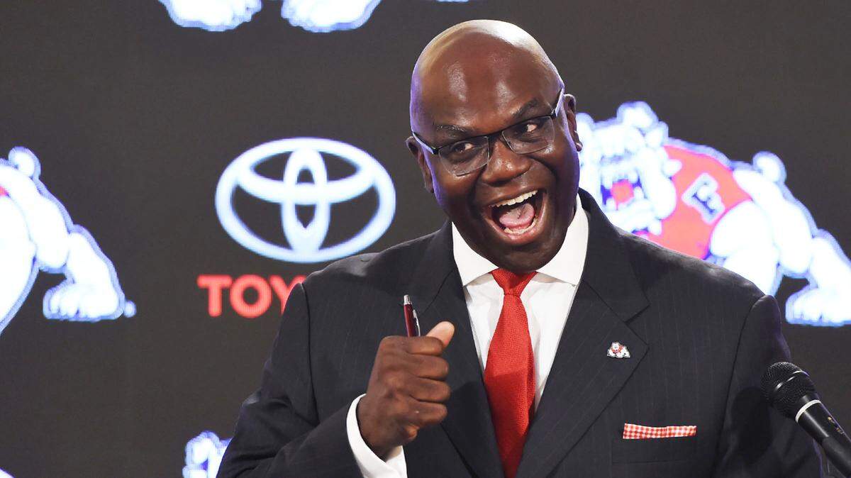 Terry Tumey laughs as he addresses the crowd after he was introduced as Fresno State’s new athletics director during a press conference Monday morning, June 25, 2018 in Fresno.