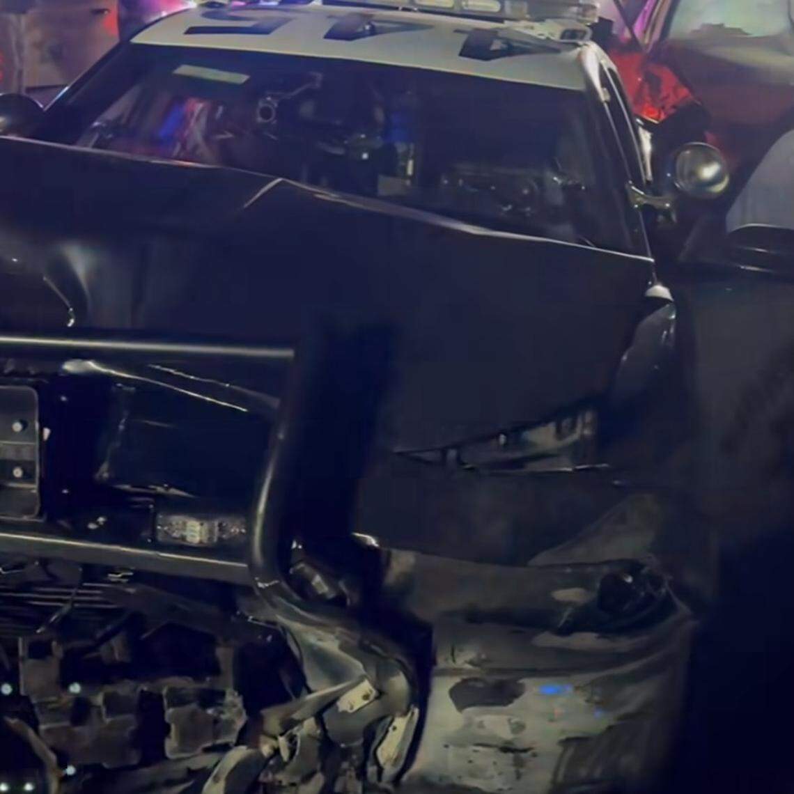 Damage seen here of a CHP unit after an alleged DUI driver rear-ended the CHP patrol car in Fresno, California on Sunday, Feb. 23, 2025.