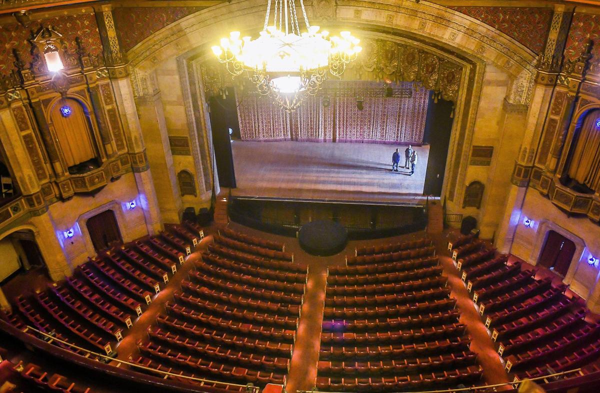 Looking down from the Warnors Theatre’s ornate suspended ceiling showing the seating, balconies, stage and wrought iron chandelier on Thursday, Nov. 11, 2021.