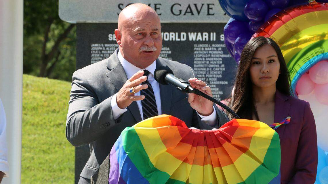 Fresno Mayor Jerry Dyer speaks at the pride flag-raising ceremony at City Hall on June 9. To his left is Councilmember Annalisa Perea.