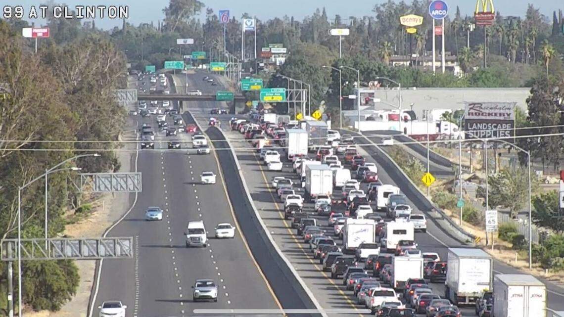 Traffic backs up on Highway 99 in Fresno, California, on Sunday, June 12, 2022, after a shooting on Olive Avenue just off the highway.