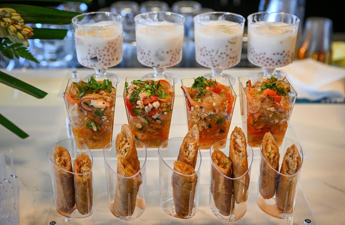 Drinks and appetizers are set out for guests during the grand opening event for Satay Thai Kitchen and Bar in north Fresno on Thursday, May 8, 2025.