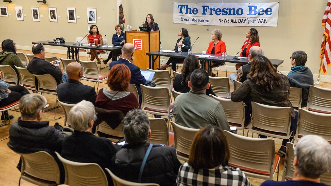 Sabrina Ashjian of the National Women’s Political Caucus, California, moderates a panel of female elected officials during the “Why Don’t Women Run?” forum exploring opportunities and barriers for women seeking political office at Fresno City College on Saturday, Nov. 2, 2019.