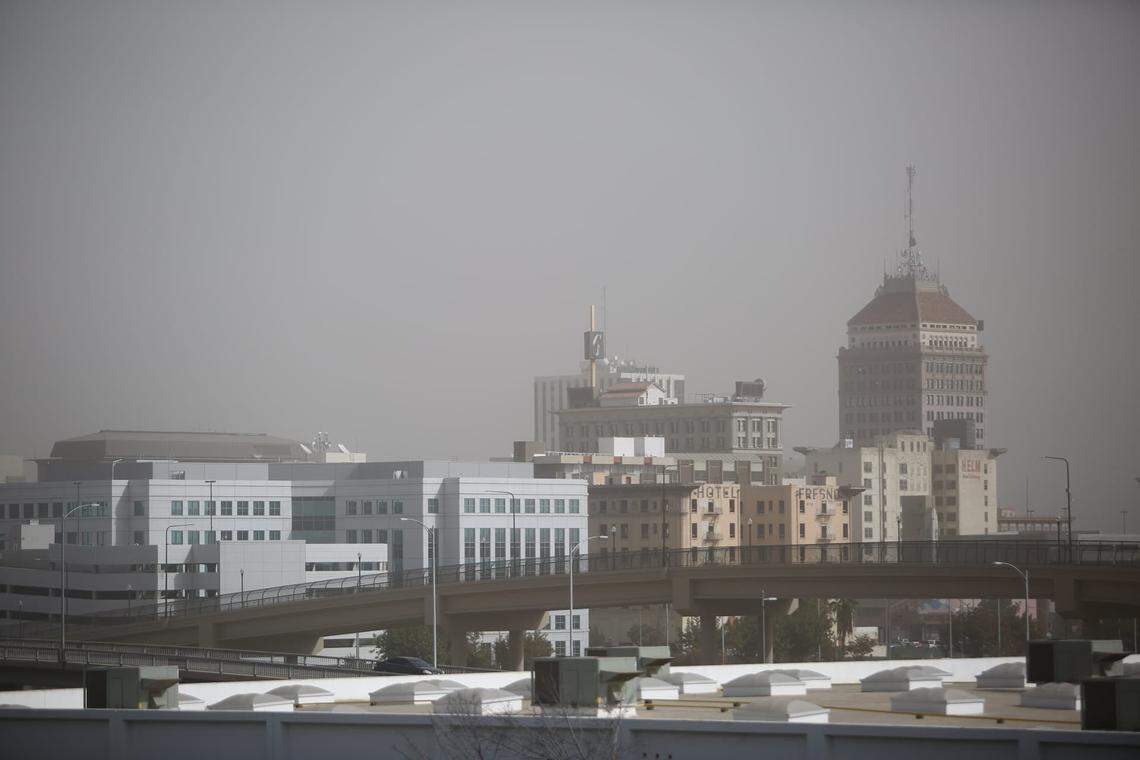 Air quality turned “hazardous” Sunday in Fresno with smoke from the Kincade fire in Sonoma County mixing with wind-blown dust to raise coarse particulate pollution to levels more than three times the national health standard.