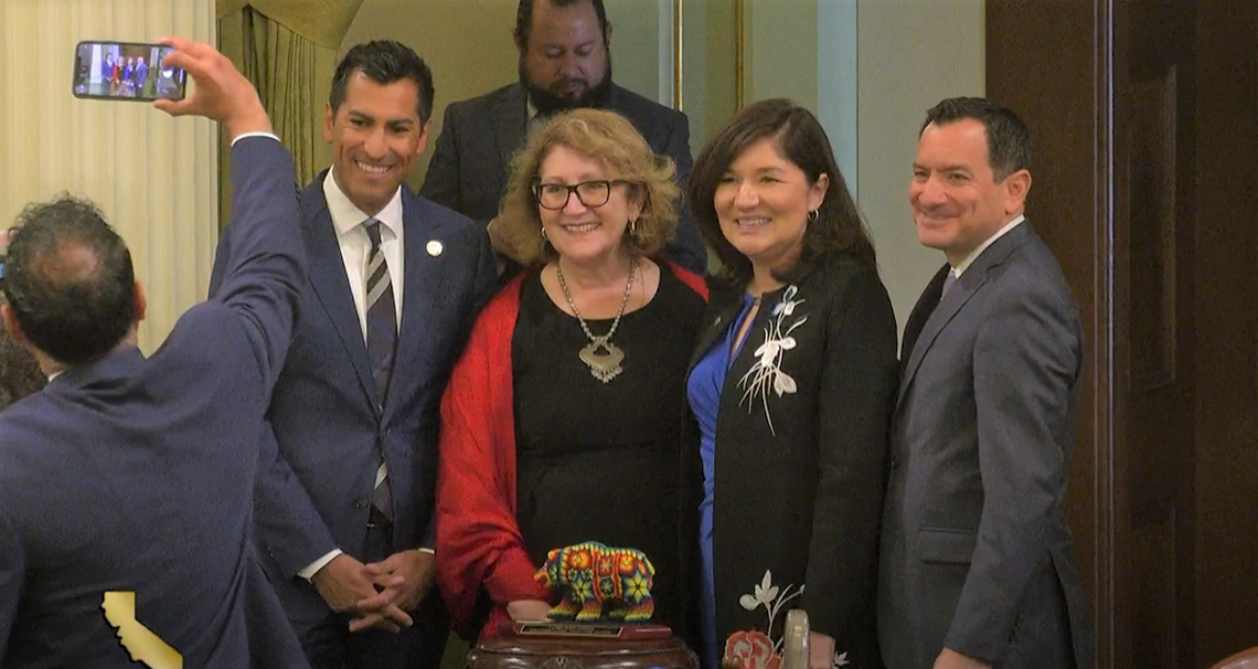Latino Caucus Chair María Elena Durazo, Vice-Chair Robert Rivas and Speaker Anthony Rendon with María S. Salinas (Achievement in Business), who was recognized during the 20th annual Latino Spirit Awards on each floor of the legislature on May 2.