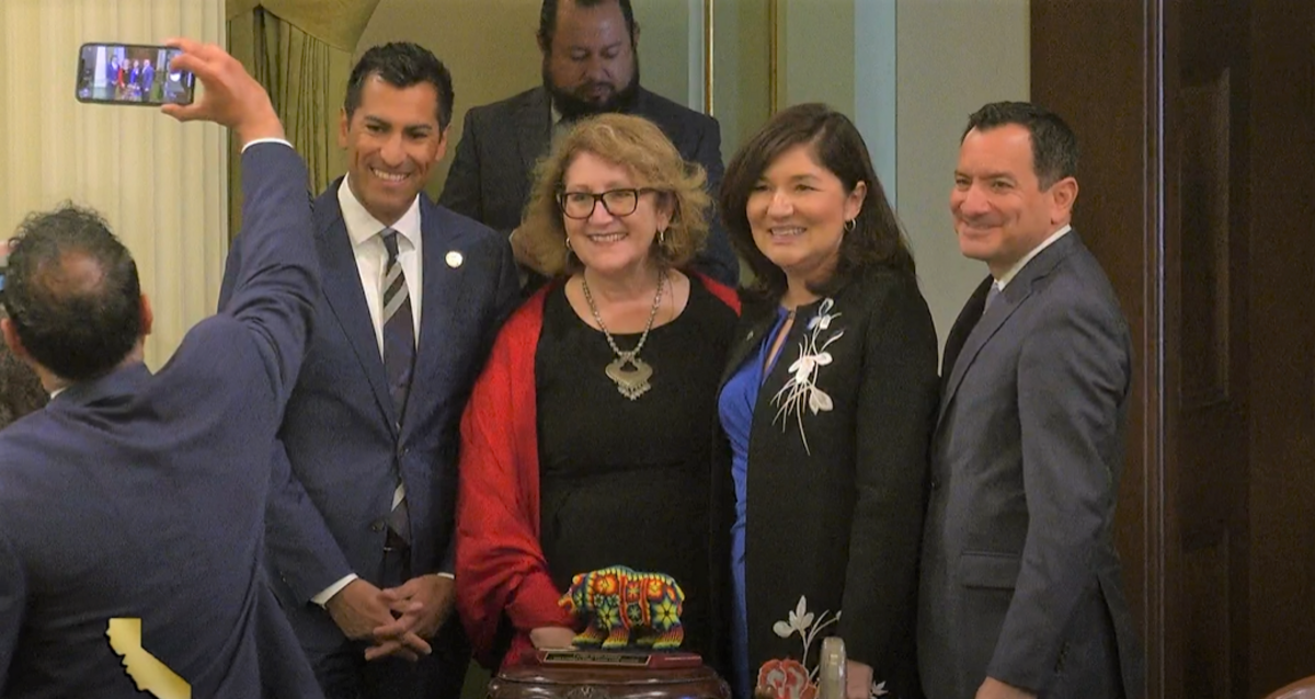 Latino Caucus Chair María Elena Durazo, Vice-Chair Robert Rivas and Speaker Anthony Rendon with María S. Salinas (Achievement in Business), who was recognized during the 20th annual Latino Spirit Awards on each floor of the legislature on May 2.