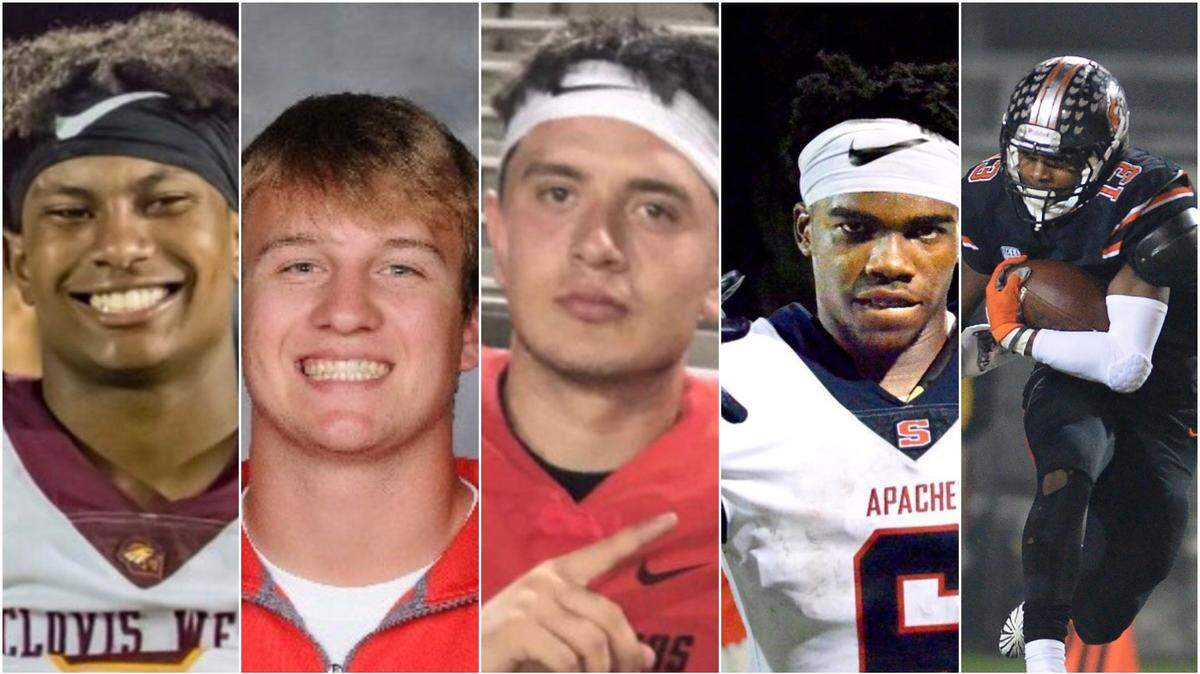 Vote for The Bee’s Player of the Week. The nominees, from left: RB Brandon Wafer of Clovis West; LB Bear Nunley of Tulare Union; QB Chris Gamez of McLane; RB Kosi Agina of Sanger and RB Quali Conley of Central.