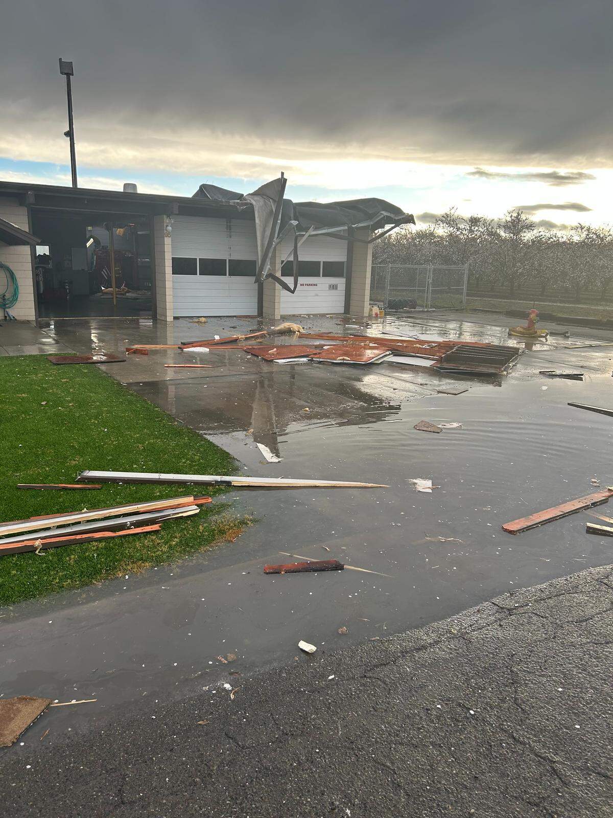 The aftermath of a reported funnel at a fire station in Tranquillity on Monday, Feb. 16, 2026.