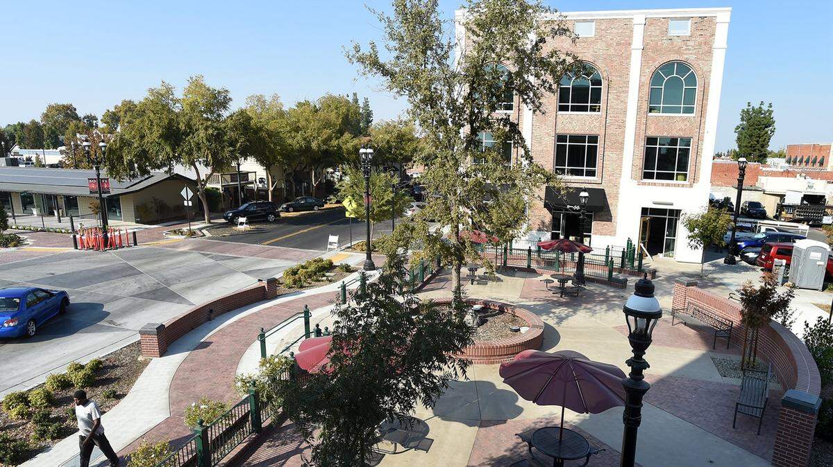 Centennial Plaza at Pollasky Street and Bullard Avenue in the new SoFi District, which is south of 5th Street in Old Town Clovis.