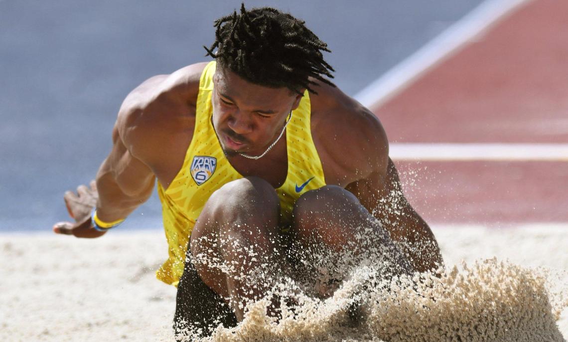 Clovis High’s Nathan Johnson in the Boys Long Jump at the CIF State Track and Field Championships Friday, May 27, 2022 in Clovis.