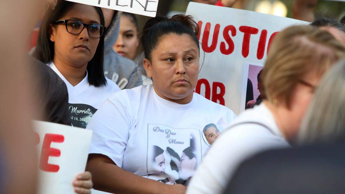 Christina Pauline López, mother of Isiah Murrietta-Golding, is shown attending a demonstration outside the Fresno federal courthouse.