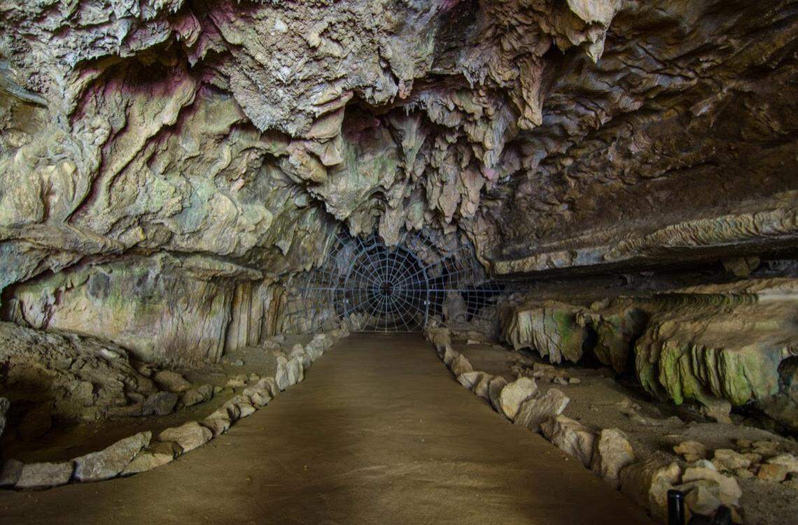 The historic spiderweb gate at the entrance to Crystal Cave in Sequoia National Park.
