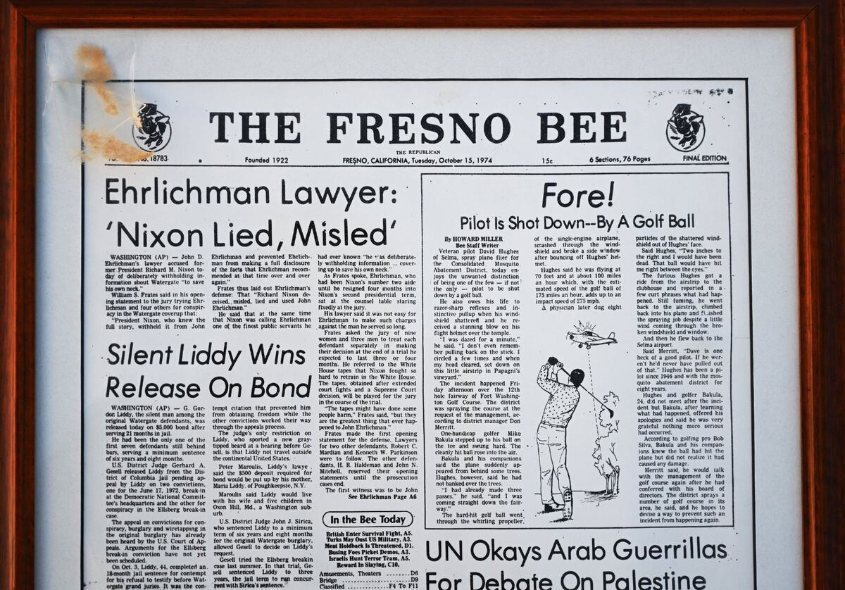 This framed copy of The Fresno Bee front page from Oct. 15, 1974, hangs in the former home office of Fresno golfer Mike Bakula, who died in 2019.