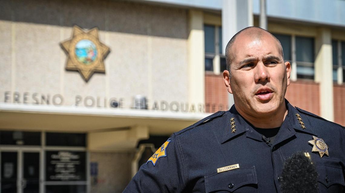 Fresno Police Chief Paco Balderrama speaks to the media in a Bee file photo from March 2022.