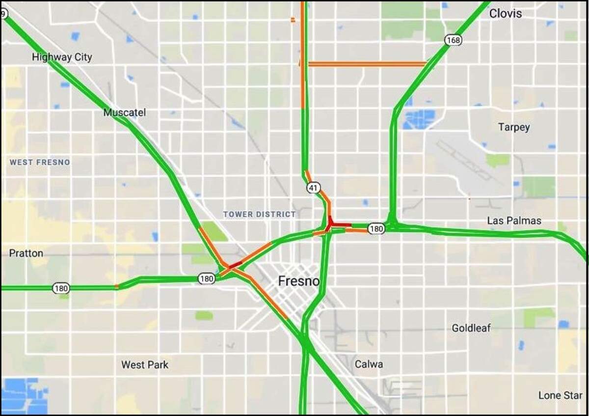 This Google Maps image shows the typical level of Friday afternoon rush-hour traffic congestion in the Fresno-Clovis metropolitan area. The average one-way commute to or from work for Fresno residents is less than 22 minutes, according to census data.