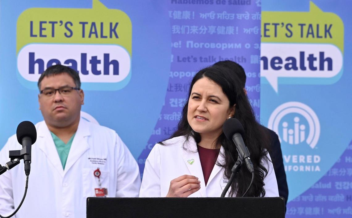 Dr. Trinidad Solis with Fresno County Public Health speaks about the need for health insurance during a Covered California event held in Mendota’s Rojas Pierce Park Thursday, Dec. 12, 2024.