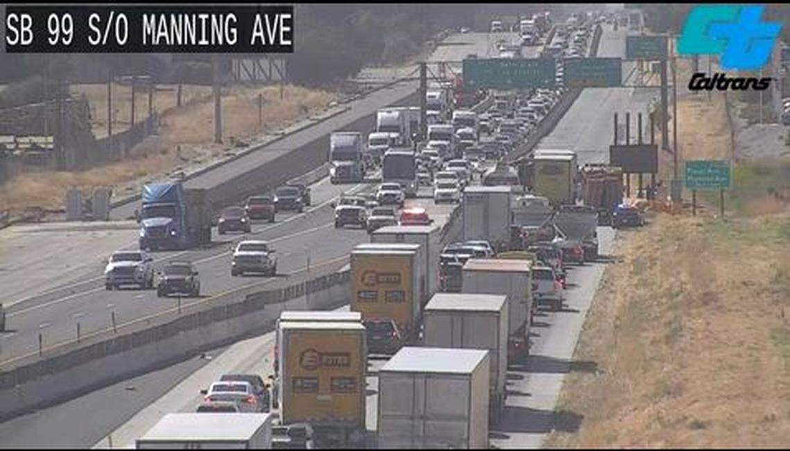 Southbound Highway 99 near the Floral Avenue exit in Selma was at a standstill about 9:45 a.m. after a truck overturned and spilled debris across the lanes, the California Highway Patrol said on Tuesday, July 25, 2023.